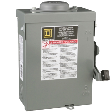 Square D DU222RB Safety switch, general duty, non fusible, 2 pole, 2 wire, 240VAC, 60A, Type 3R with bolt on hub prov